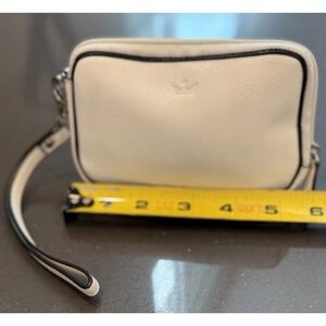 Baekgaard Leather Wristlet White w/ Black Trim, Detachable Strap Zipper Closure